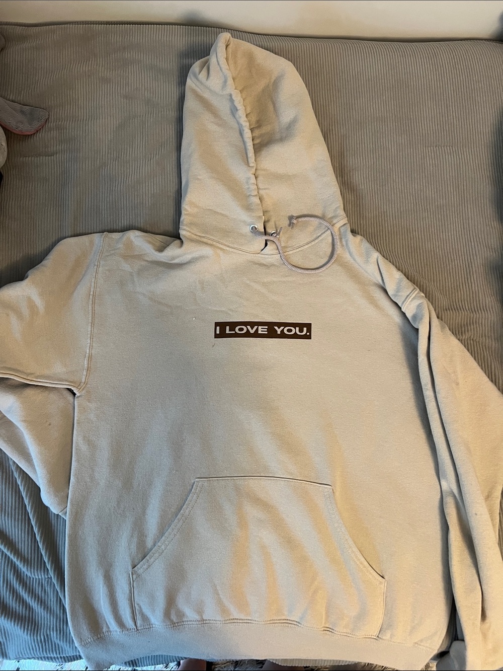 Jerzees Cream Hoodie with Brown "I LOVE YOU." Chest Print